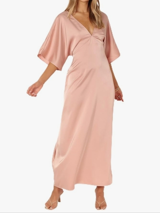 Storia Dresses & Skirts - STORIA SATIN PINK DRESS DEEP V NECK OPEN LEG MAXI LENGTH KIMONO SLEEVES SZ SMALL